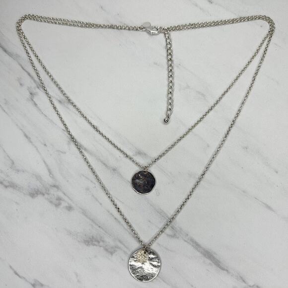 Chico's Layered Hammered Disc Rhinestone Silver Long Necklace ✨ - Picture 2 of 10